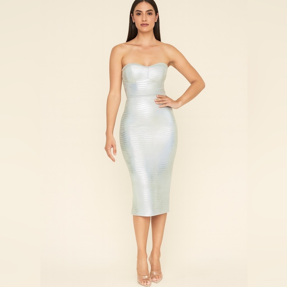 BCBG Maxazria Holographic Silver Strapless Dress XS Crocodile Pattern New Years